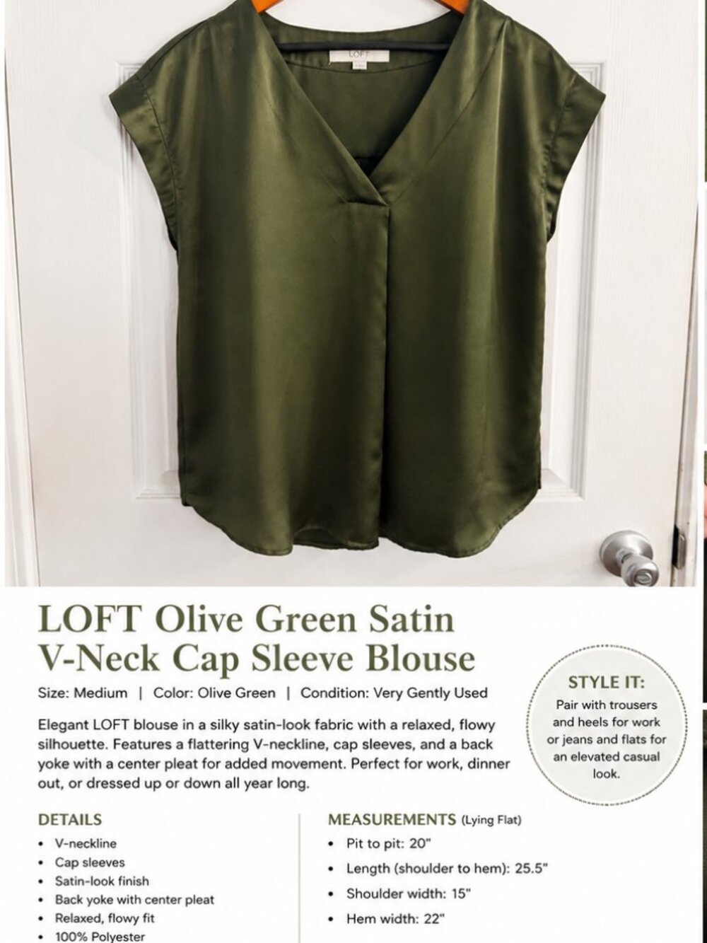 LOFT Olive Green Satin V-Neck Cap Sleeve Blouse Size M